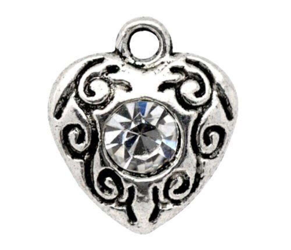 9368 20pc Antiqued Silver Alloy Rhinestone Love Heart Charms Pendants